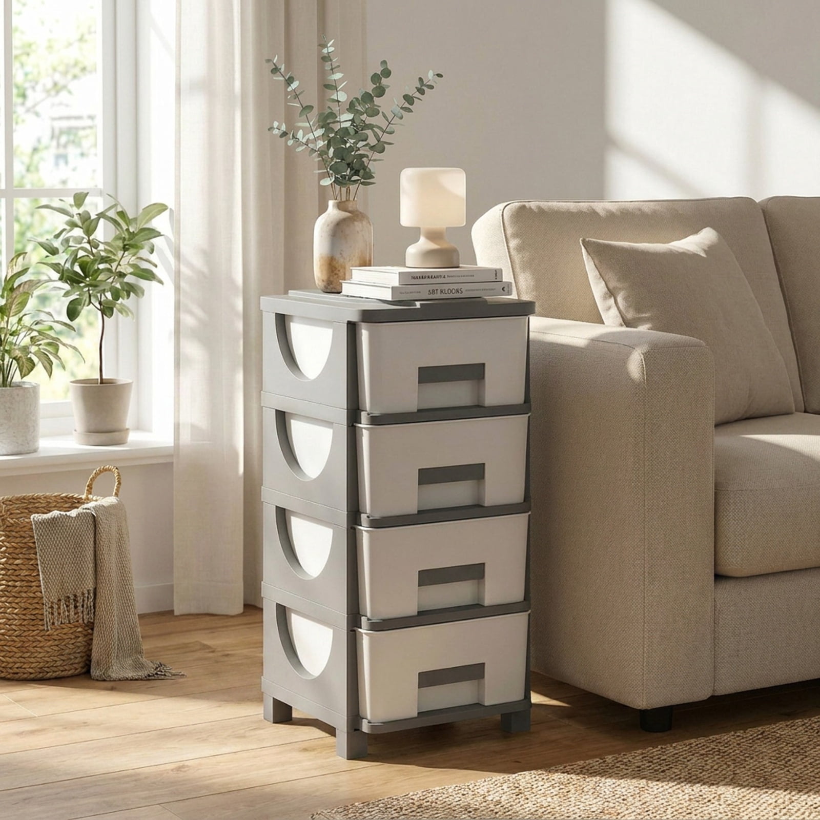 Furnibear Plastic Storage Organizer with Compact Drawer Cabinet Side Table for Bedroom for Bedroom Closet Living Room Nursery Clothes Storage, Gray