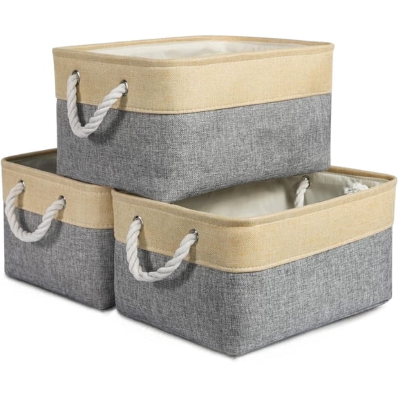 Tegance 3-Pack Large Storage Basket Set, Trunk Organizer, Clothes Toys Bin, 14 x 10 x 7 Inches, Big Rectangular Canvas Fabric Collapsible Shelf Box with Handles, Gold & Grey