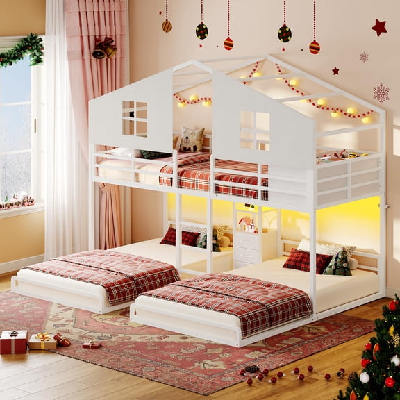 Afuhokles Triple Bunk Bed Twin Size with House, 4 Storage Drawers, Charging Station and LED Lights, White