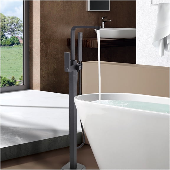 JERFIT Matte Black Freestanding Tub Filler with Hand Shower, 3.9 GPM Modern Bathtub Faucet for Freestanding Tubs, Metal Construction