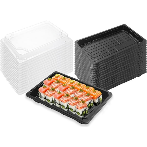 Klex Disposable Plastic 2.0 Sushi Containers with Lids for Take Out To-Go Cake Dessert Carrier Container, Black/Clear, 9.4" x 5.7", 400 Sets