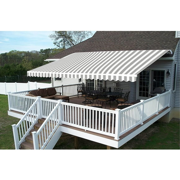 ALEKO Retractable Home Patio Canopy Awning 12x10 ft, Gray and White Striped Color