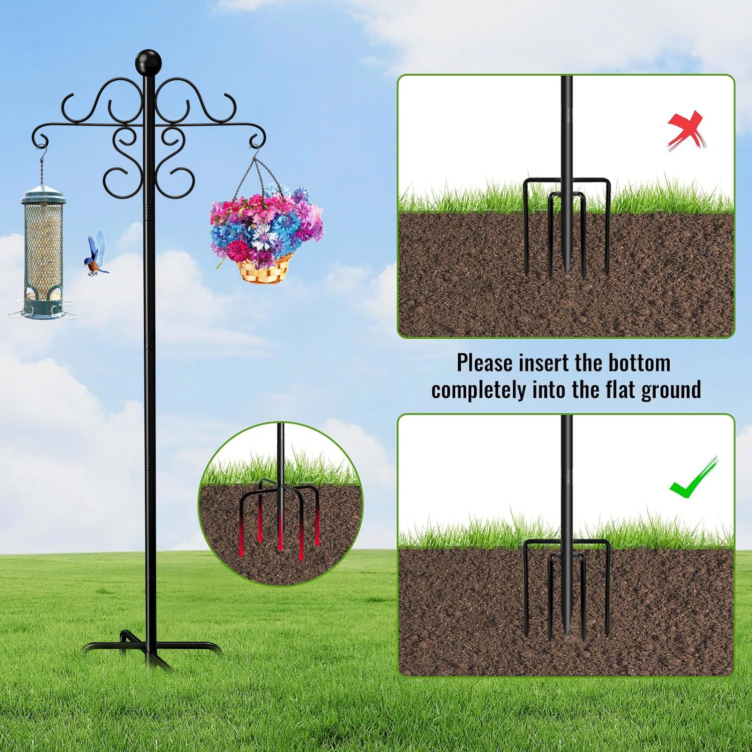 92 Inch Shepherds Hooks for Outdoor, Thickened Bird Feeder Poles with 5 Prongs for Hanging Plant Baskets, Lanterns, Wedding Decor