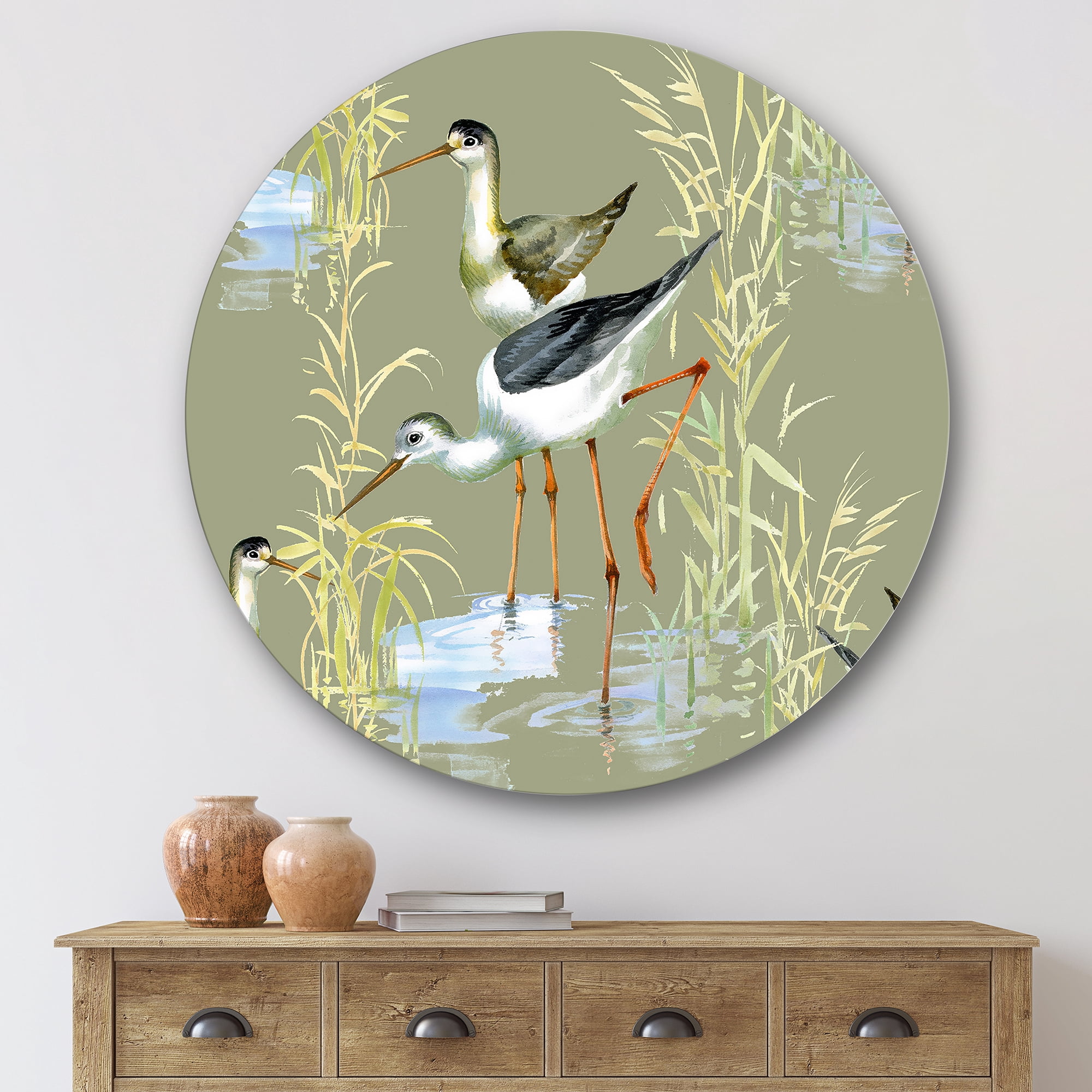 Designart 'Herons Birds In The Gray Water' Farmhouse Circle Metal Wall Art 36x36 - Disc of 36