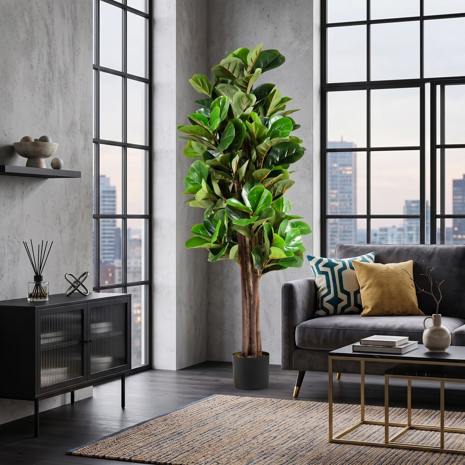 ALPULON 5 FT Artificial Fiddle Leaf Fig Tree, Faux Fig Plant with 180 Leaves and Plastic Planter Pot for Home Office Living Room Indoor Outdoor Decor, Green