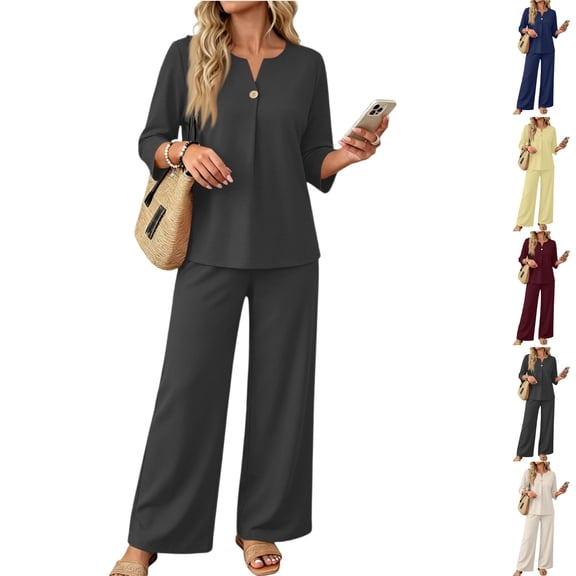 HAJWOH Two Piece Sets for Women 3/4 Length Sleeve Lounge Sets Vacation Travel Outfits Fashion Clothing
