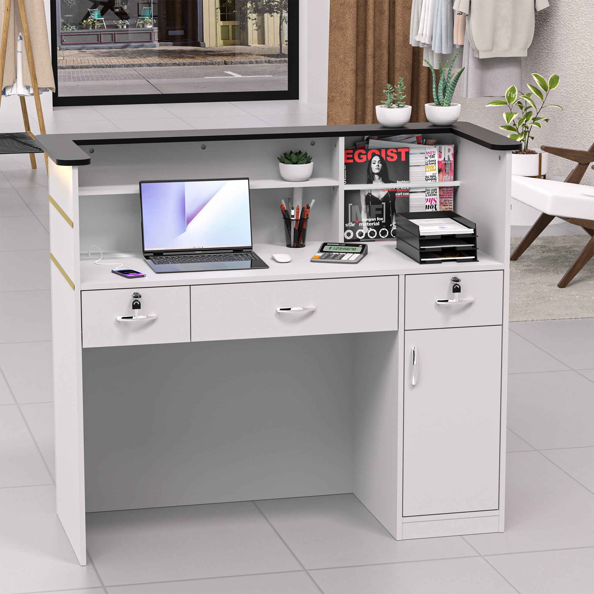 HARIPUL 50-inch Reception Desk with Counter, Front Desk Office Desk with Storage Shelves & LED Lights, White