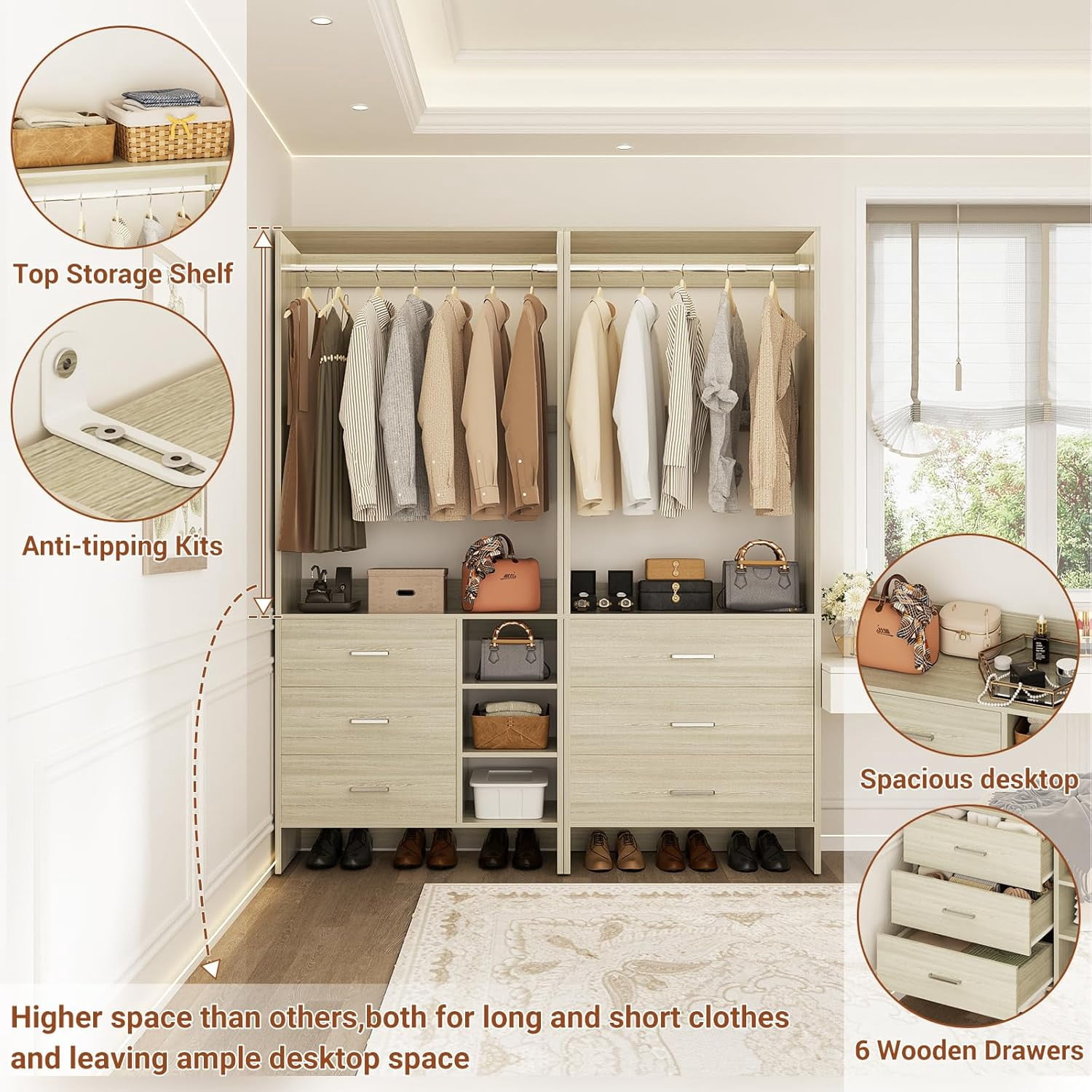 Homieasy 53.2'' Closet System with Wooden Drawers and Hanging Rods