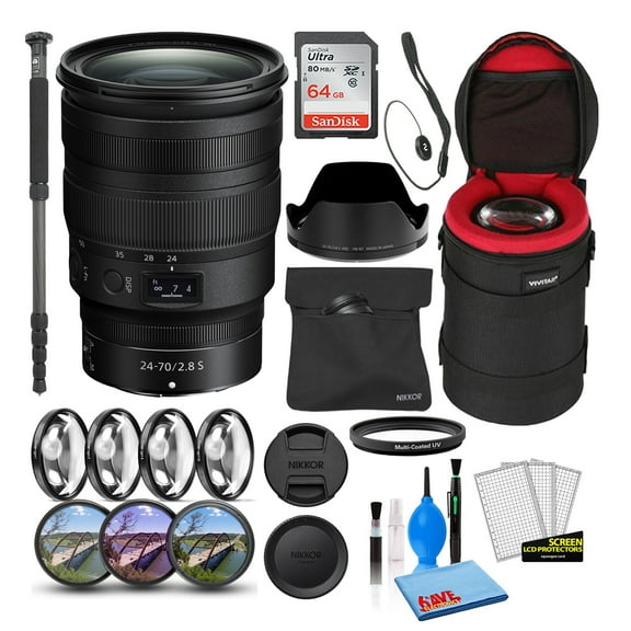 Nikon NIKKOR Z 24-70mm F/2.8 S Zoom Lens (20089) Bundle with 64GB Ultra SDHC Memory Card   Padded Lens Case   70-Inch Pro Monopod   8-Piece Filter Kit (Macro, UV, CPL, FLD)
