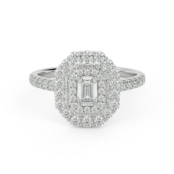 AFFY Double Halo Cluster Engagement Rings for Women, 0.95 Cttw Emerald And Round Cut Lab Grown Diamond Ring In 14K White Gold Over 925 Sterling Silver F-G, VS-SI Quality Ring Size-4