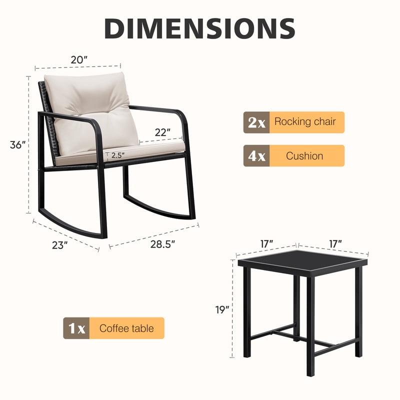 Vineego 3 Pieces Patio Conversation Sets Outdoor Rocking Chair PE Rattan Bistro Rocker with Coffee Table, White