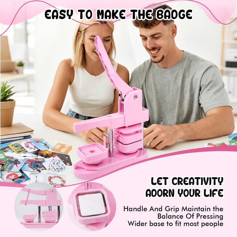 Square Badge Press Machine, Button Press Machine for 2 Inches / 50mm Square Fridge Magnetic Stickers, 100 Sets of Button Maker Supplies, Badge Maker Kit for Home School DIY Crafts, Business (Pink)