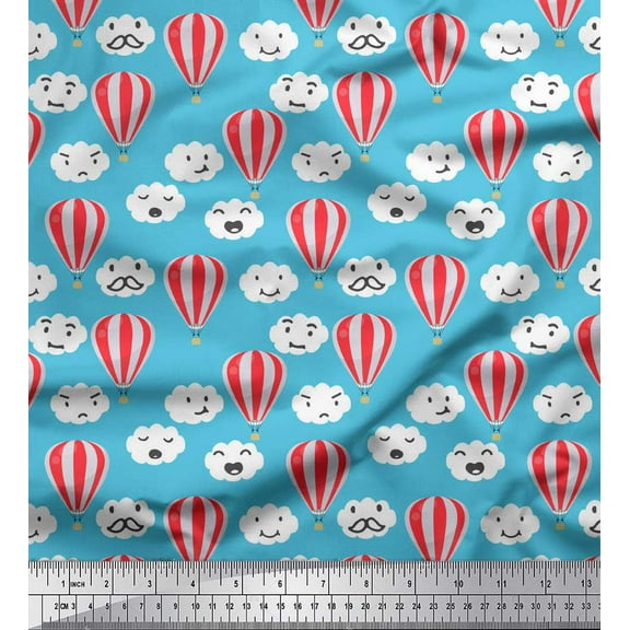 Soimoi Blue Silk Fabric Cloud & Hot Air Balloon Holiday Printed Fabric 1 Yard 42 Inch Wide