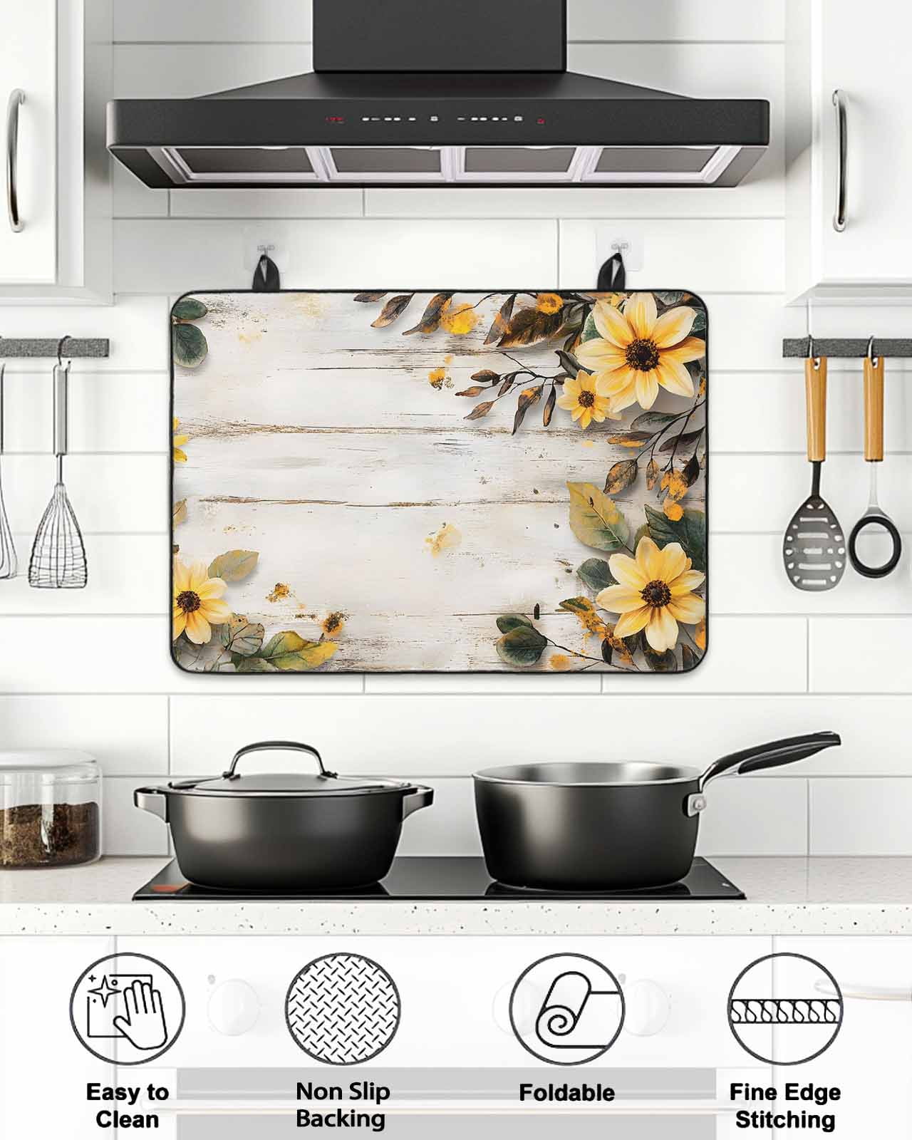 Stove Top Covers for Electric Stove, Yellow Floral Spring Glass Stovetop Cover Protector, Vintage Summer Botanical Induction Cooktop Protector Oven Mat for Kitchen Countertop 24"x21"