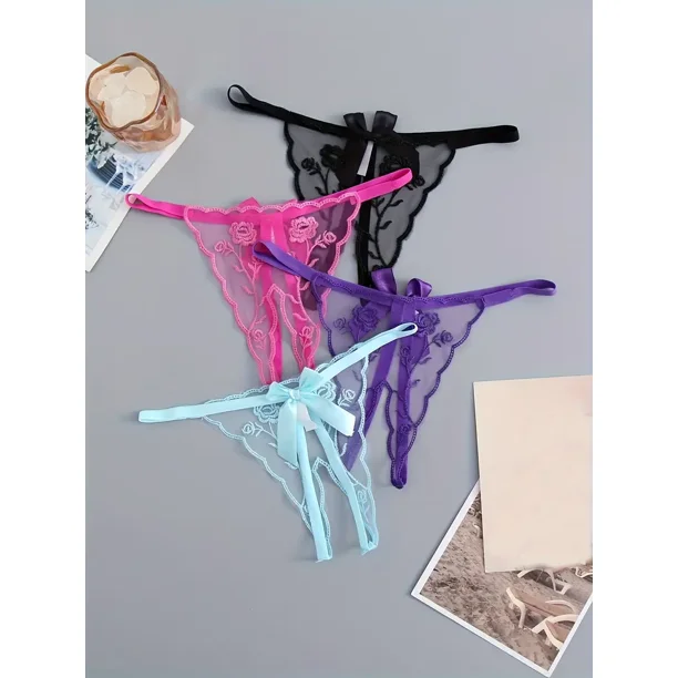 4 tangas sexys con lazo decorativo, tirantes finos sin entrepierna, estampado floral de rosas, lencería íntima para mujer.