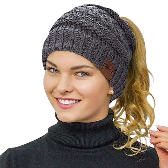 Rosoz Ponytail Beanie for Women,Winter Warm Beanie Tail Soft Stretch cable Knit Messy High Bun Hat grey