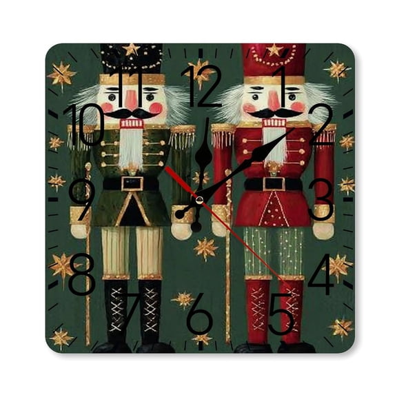 RKSupls 10×10inch Square Silent Wall Clock Wooden Frame, Nutcrackers Green Gold Scale Decorative Clock for Home Bedroom Living Room Office