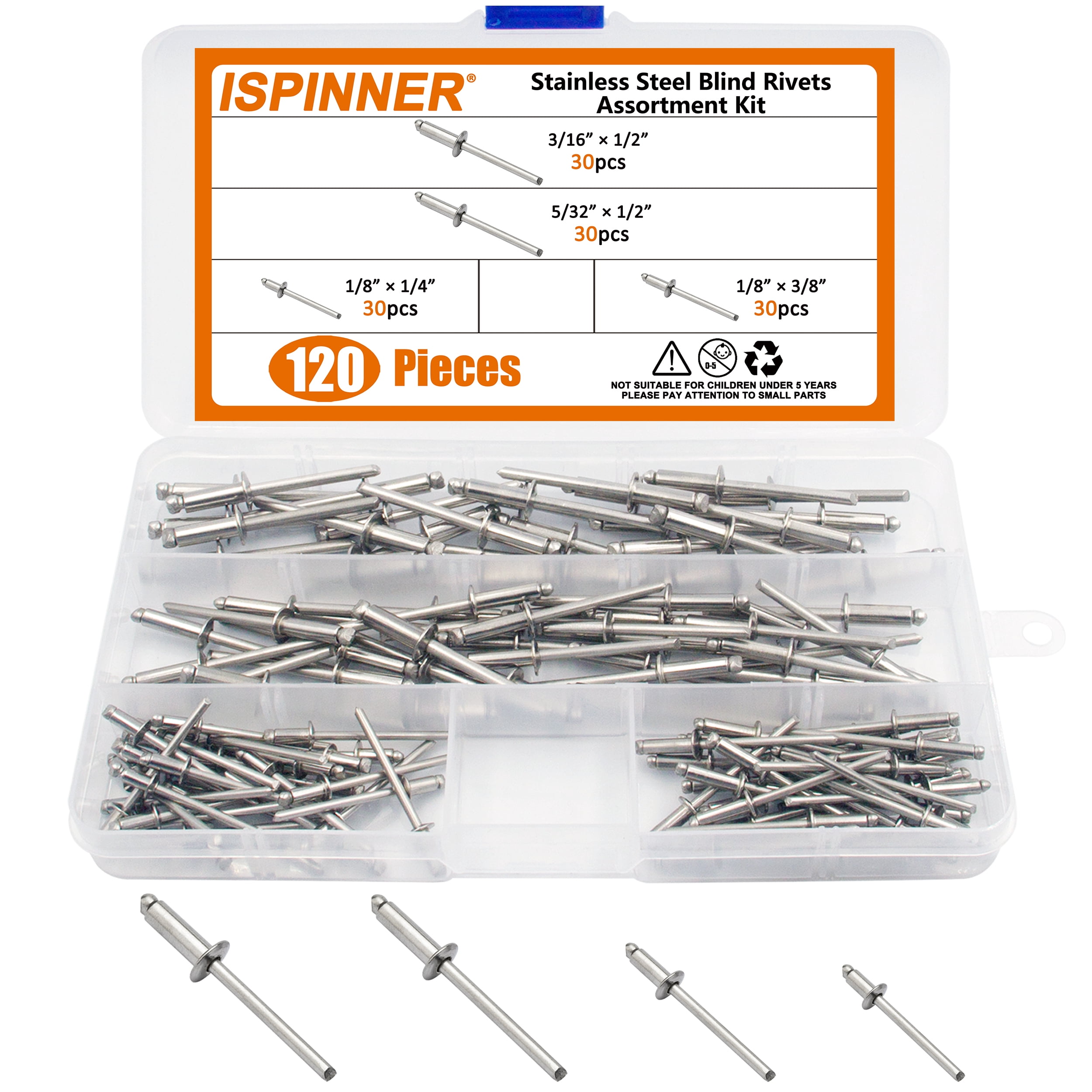 ISPINNER 260-Piece Stainless Steel Blind Rivets Assortment – 7 Sizes, 304 Stainless, Pop Rivet Kit With Transparent Storage Case
