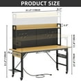 thumbnail image 4 of DWVO Tool Cart, Workbench Adjustable Height Work Bench For Garage Oak Plank & Carbon Steel Heavy Duty Workbench 2000lbs Weight Capacity Bench top Size 59.1" x 23.6" with Pegboard Power Outlets, 4 of 9