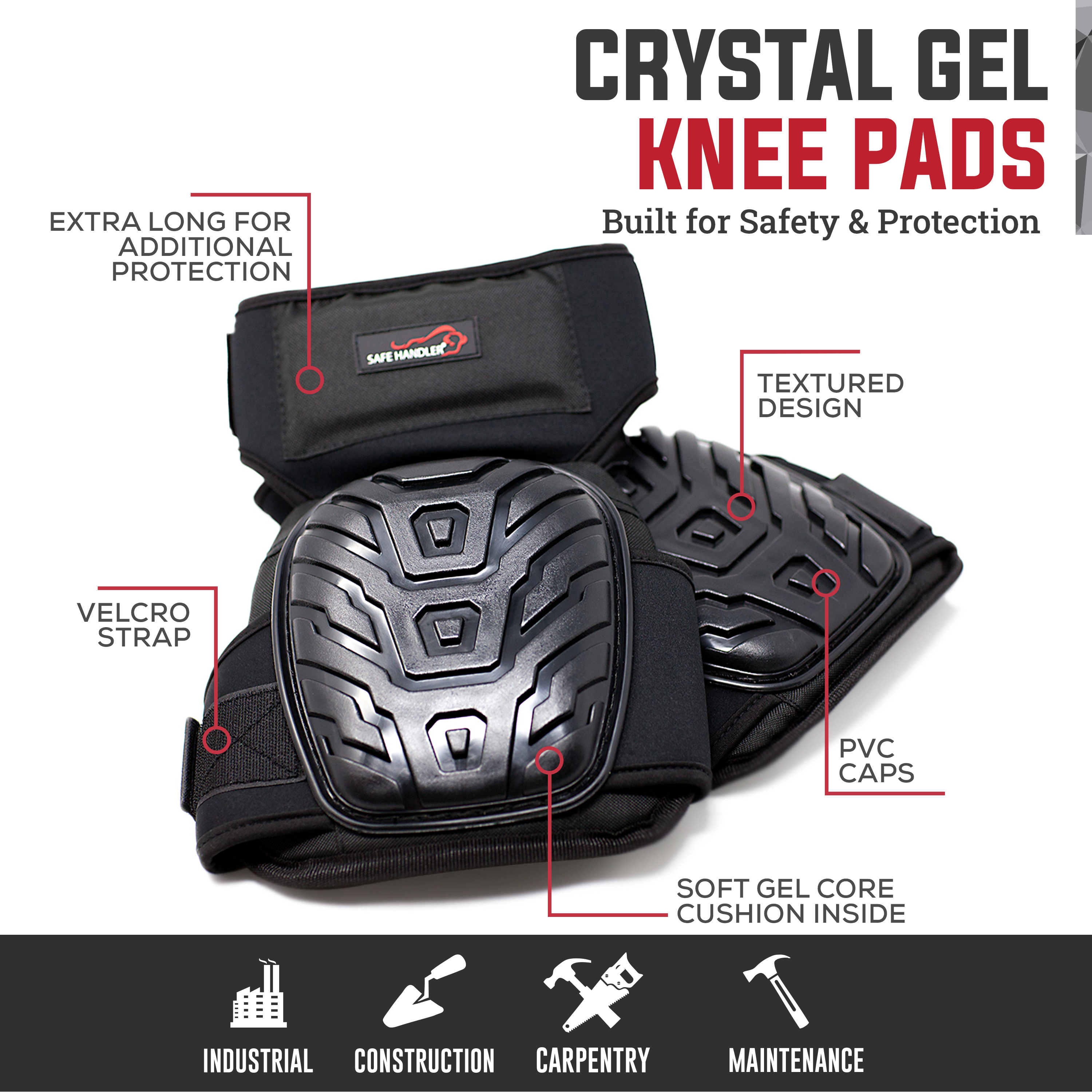 Safe Handler Professional Extra Long Crystal Gel Knee Pads with Heavy Duty Foam Padding, Strong Double Straps, 1 Pair