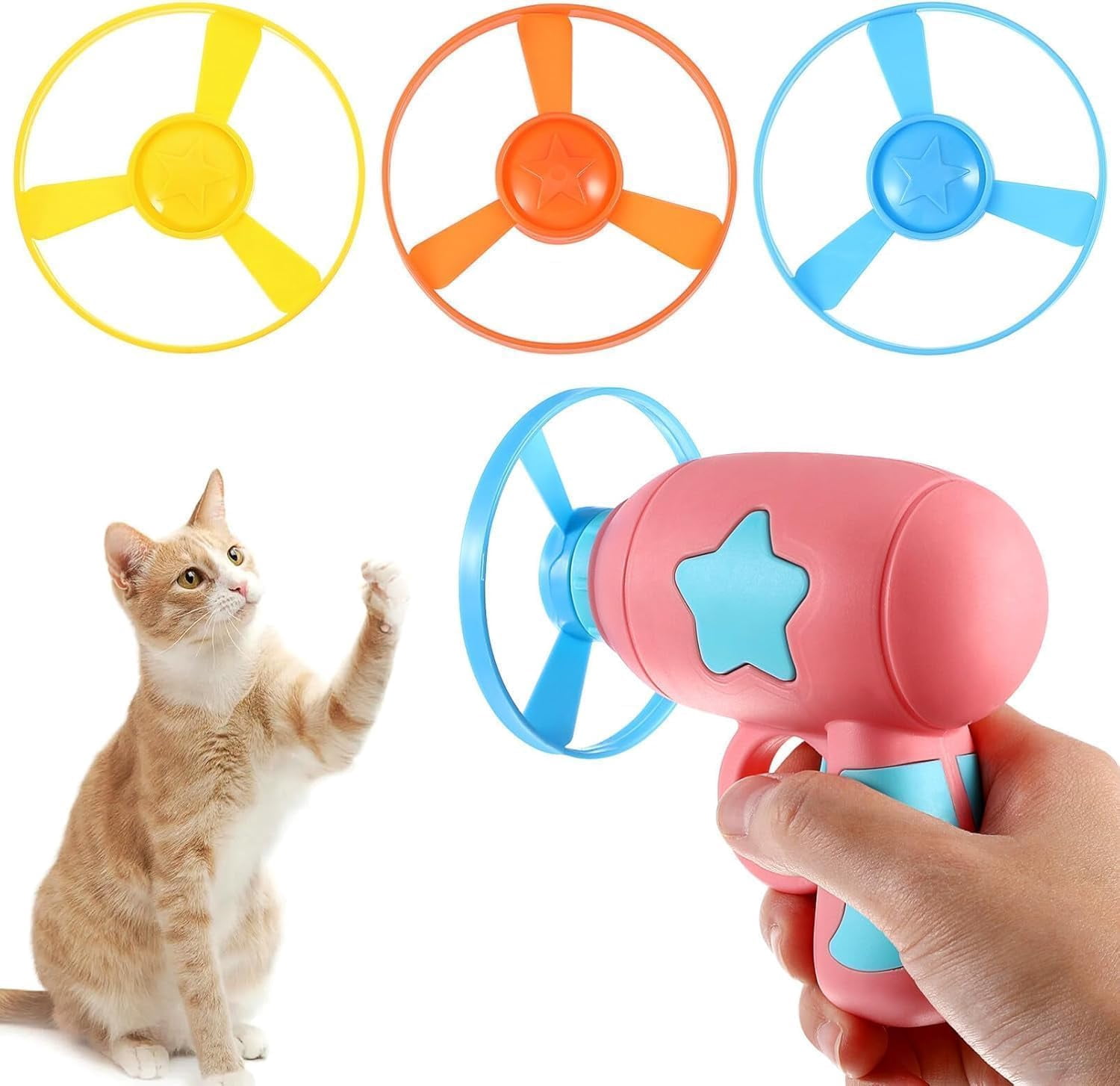 Flying Propeller Cat Toy Launcher - Interactive Chase Toy with Colorful Propeller Set, Indoor/Outdoor Play for Kitten Chasing, Pouncing & Hunting Training