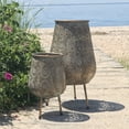 thumbnail image 5 of Potbelly Candle Lanterns, Set of 2, Moroccan, Metal Daisy Lattice Work, Hurricane for Votives and Tea Lights, Distressed Gold, Rustic Patina, Iron, 18.5 and 11.75 Inches Tall, 5 of 10