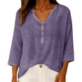 thumbnail image 4 of Womens Short Sleeve Tops Casual V Neck Button 3/4 Sleeve Linen Blouse Loose Fit Solid Color Tops for Summer, 4 of 6