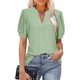 thumbnail image 2 of Blusa de manga abombada con cuello en V, Color puro, ajustada, informal, de manga corta, para mujer, color verde claro XXL, 2 of 5