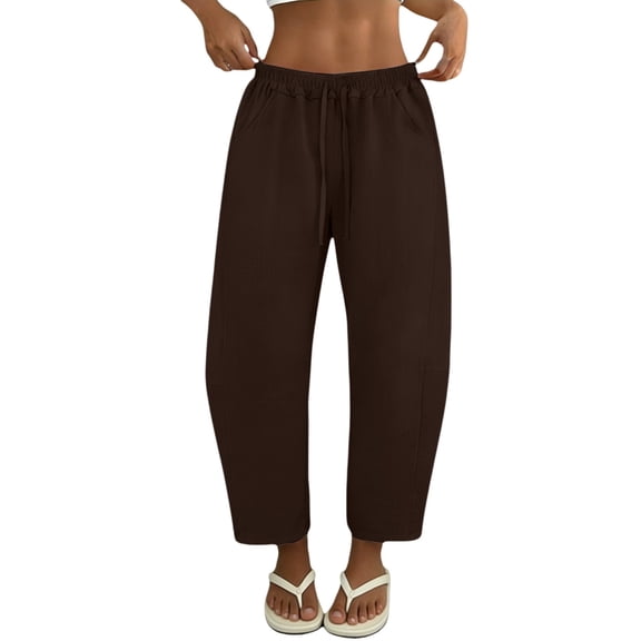 Women's Linen Wide Leg Barrel Capri Pants, Elastic High Waist Loose Cropped Trousers with Pockets, Breathable Summer Casual 7/8 Length Pants for Vacation Daily Office Wear Brown L