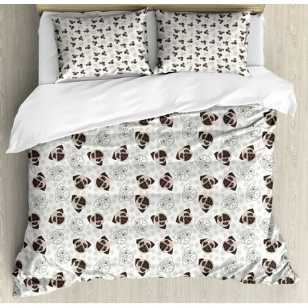 Dog Duvet Cover Set Pug Portraits Traces Paw Print Background