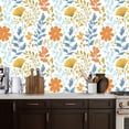 thumbnail image 2 of Peel and Stick Wallpaper Floral Botanical Orange Blue Flowers Leaves Wall Mural 17.7in x 9.8ft Self Adhesive Removable Wall Paper Renter Friendly Wallpaper for Nursery Bedroom Cabinets, 2 of 8