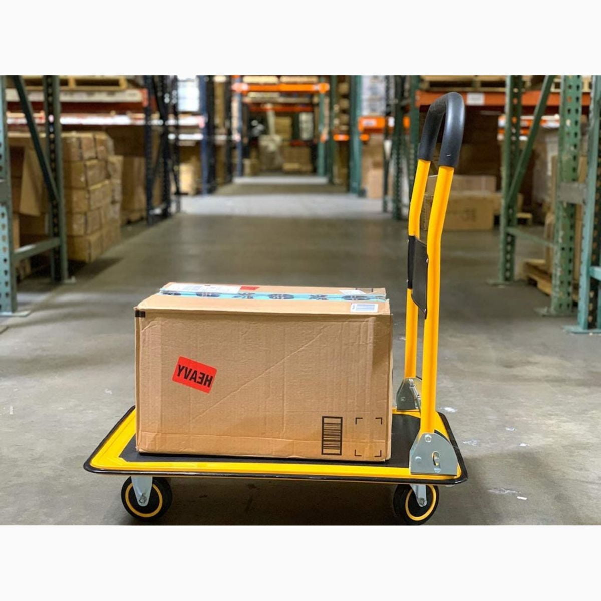 660 Lbs Capacity Folding Platform Truck, Heavy Duty Steel Hand Flatbed Cart Dolly with Rubber Wheels, Yellow Moving Push Cart