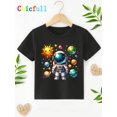thumbnail image 2 of Boys' Astronaut & Planets Print T-Shirt - Black Casual Short Sleeve Crew Neck Tee, Vibrant Space-Themed Design, Soft Cotton Fabric, Machine Washable, Perfect for Spring/Summer, 2 of 6