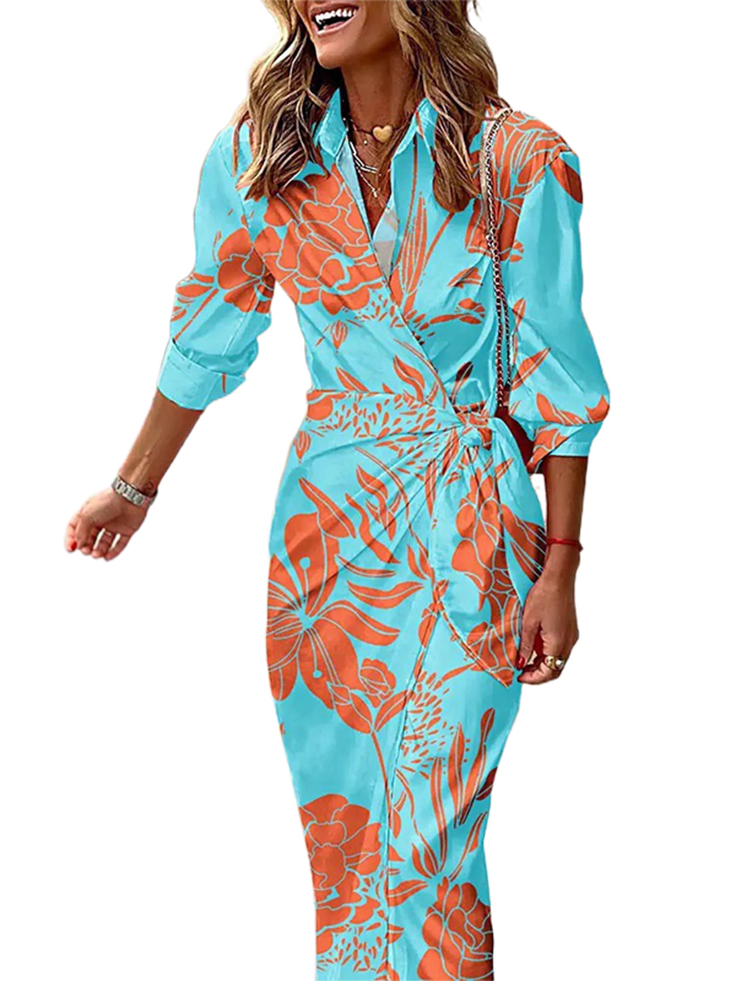 Sexy Dance Robes pour Femmes Imprimé Floral Été Plage Robe d'Été Géométrique Longue Robe Col en V Manche 5 Bleu Orange 4TG