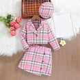 thumbnail image 2 of Odeerbi 3-10 Years Toddler Girls Plaid Wool Skirt Set Long Sleeve Notched Lapel Blazer Jacket A-Line Dress with Beret Hat Three-piece Set Cute Lattice Print Outfits Toddler Girls Clothes, 2 of 9