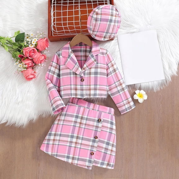 NaWent Toddler Girl's 2 Piece Outfits Plaid Tweed Jacket and Mini Skirt Set Fashion Kids Fall Clothing Pink 9 Years