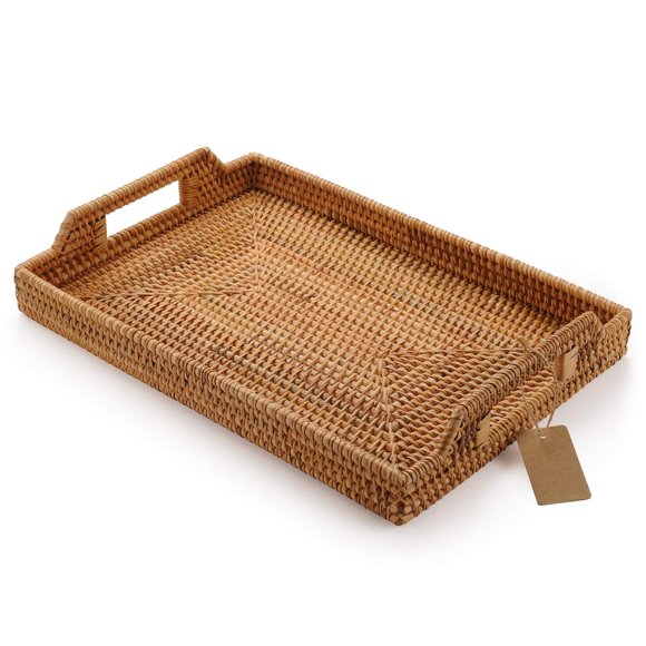 Bandeja para servir DECRAFTS de ratán tejida a mano, rectangular, 37 x 26 x 3,5 cm