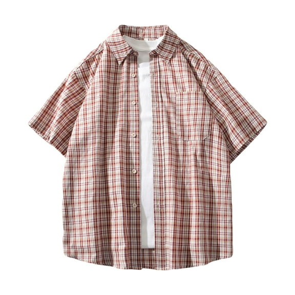 WREESH Men's Loose Casual Button Down Shirts Fashion Plaid Turn-Down Collar Short Sleeve Pocket Shirt with Stylish Plaid Pattern Red