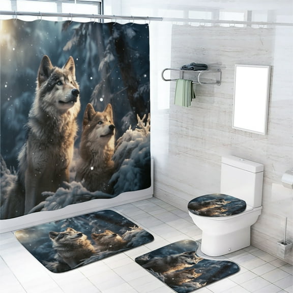 Wolf 4 Pcs Shower Curtain Set Winter Snowy Forest Pine Tree Nature Landscape Bath Curtain for Bathroom Waterproof Fabric Bathroom Decor Set, 72x72 Inch