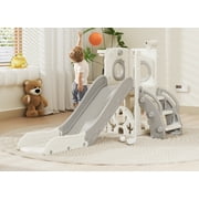 XJD 7-in-1 Toddler Slide for 1-3 Years Old, Indoor & Outdoor Kids Plastic Slide with Basketball Hoop & Upgraded Golf Game, Gray