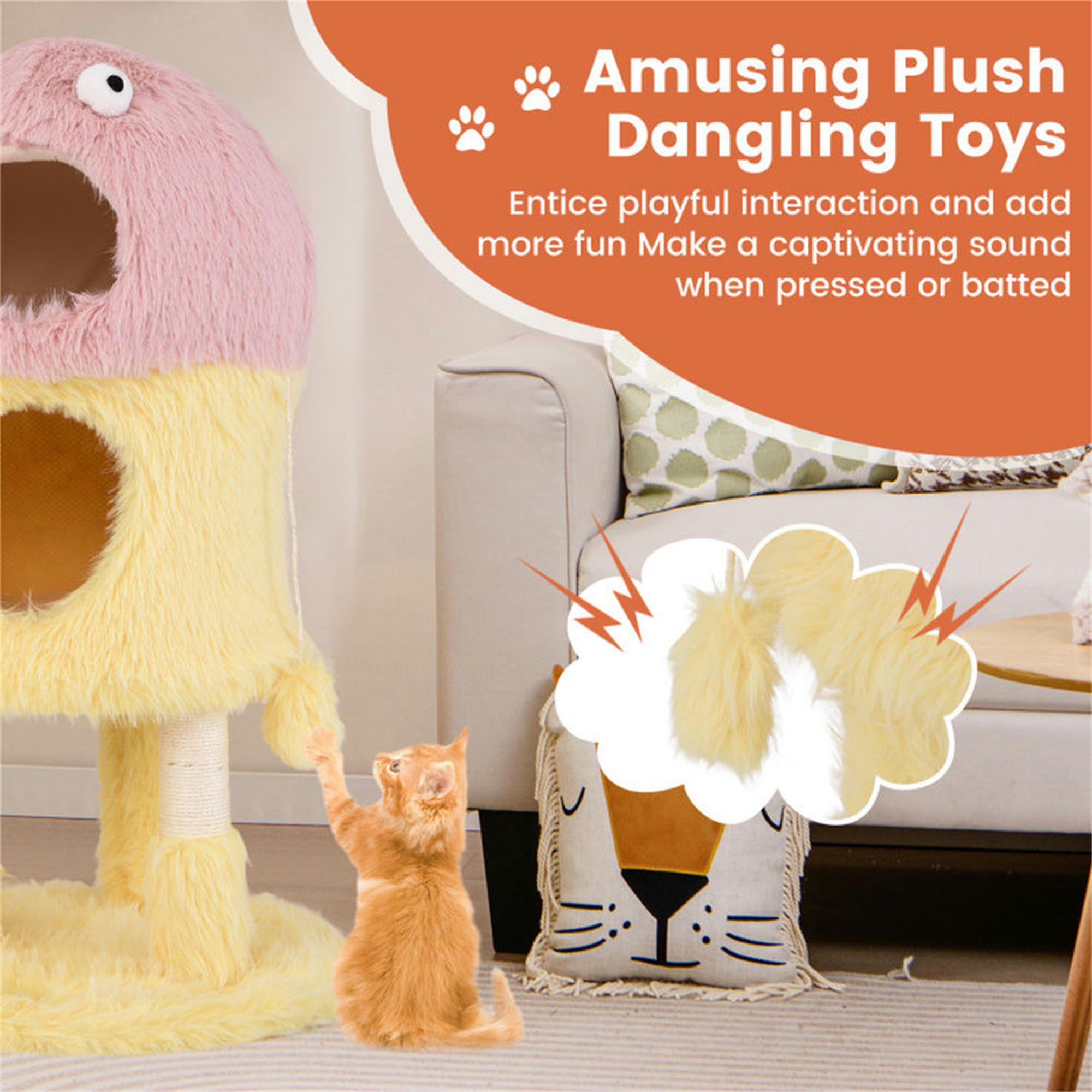 Kadyn 37" Monster-Themed Cat Tree Tower with 2 Condo, Kitten Plush Habitat with Scratch Posts Toy Cat Tree House, Yellow