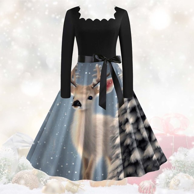 Vestido de Navidad Vintage de manga larga para mujer, cuello en V, estampado Floral, elegante, fiesta de Navidad, graduación, ropa de invierno, vestido Rockabilly