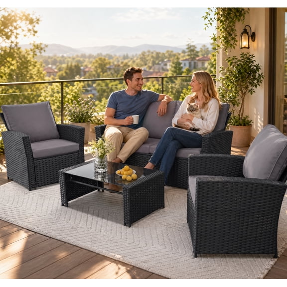 4 Piece Outdoor Patio Furniture Set,Wicker Conversation Sets Outdoor Sectional Patio Sofa Couch with Cushions & Coffee Table for Outside, Garden, Balcony, Porch,(Black/Grey)