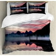 thumbnail image 1 of Glacier National Park Duvet Cover Set Queen Size, Late Evening Time Shot of Lake McDonald Trees, Decorative 3 Piece Bedding Set with 2 Pillow Shams, Coral Charcoal Grey and Purpleblue, by Ambesonne, 1 of 3