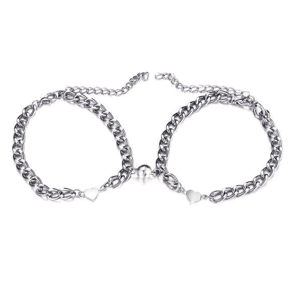 harmtty 1 Pair Couple Bracelets Solid Color Smooth Edge Polished Matching Heart Pendant Couple Hand Chain Gift