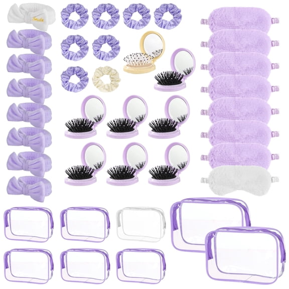 40 Pcs Spa Party Favors Supplies Set, Including Makeup spa Headbands, Fluffy Eye Masks, Hair Scrunchies, Combs, Transparent Storage Bags for Sleepover party, Slumber Parties