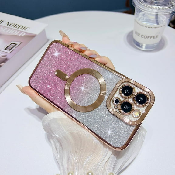 Compatible with iPhone 14 Pro Max Magnetic Glitter Case,Cute Plating Bling Phone Case Compatible with MagSafe for Women Girls Camera Protector Back Cover for iPhone 14 Pro Max 6.7'' Pink