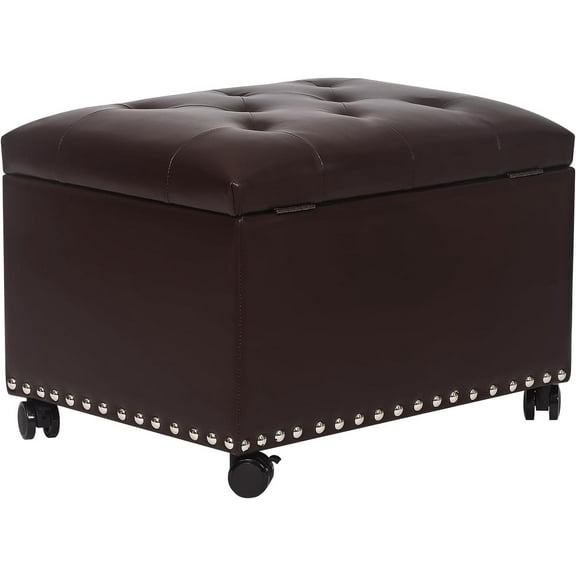 Leather Storage Ottoman Bench with Steerable Rolling Wheels, Rectangle 24 Inch Foot Rest Ottomans Stool for Living Room Bedroom (Vintage Brown)