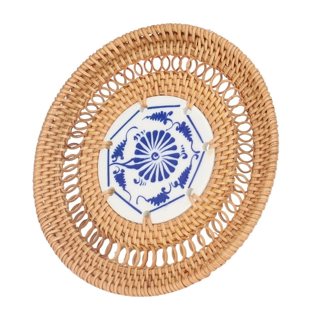 Portavasos de ratán tejido, accesorios para posavasos de estilo chino de porcelana azul y blanca, integración perfecta Jadeshay A