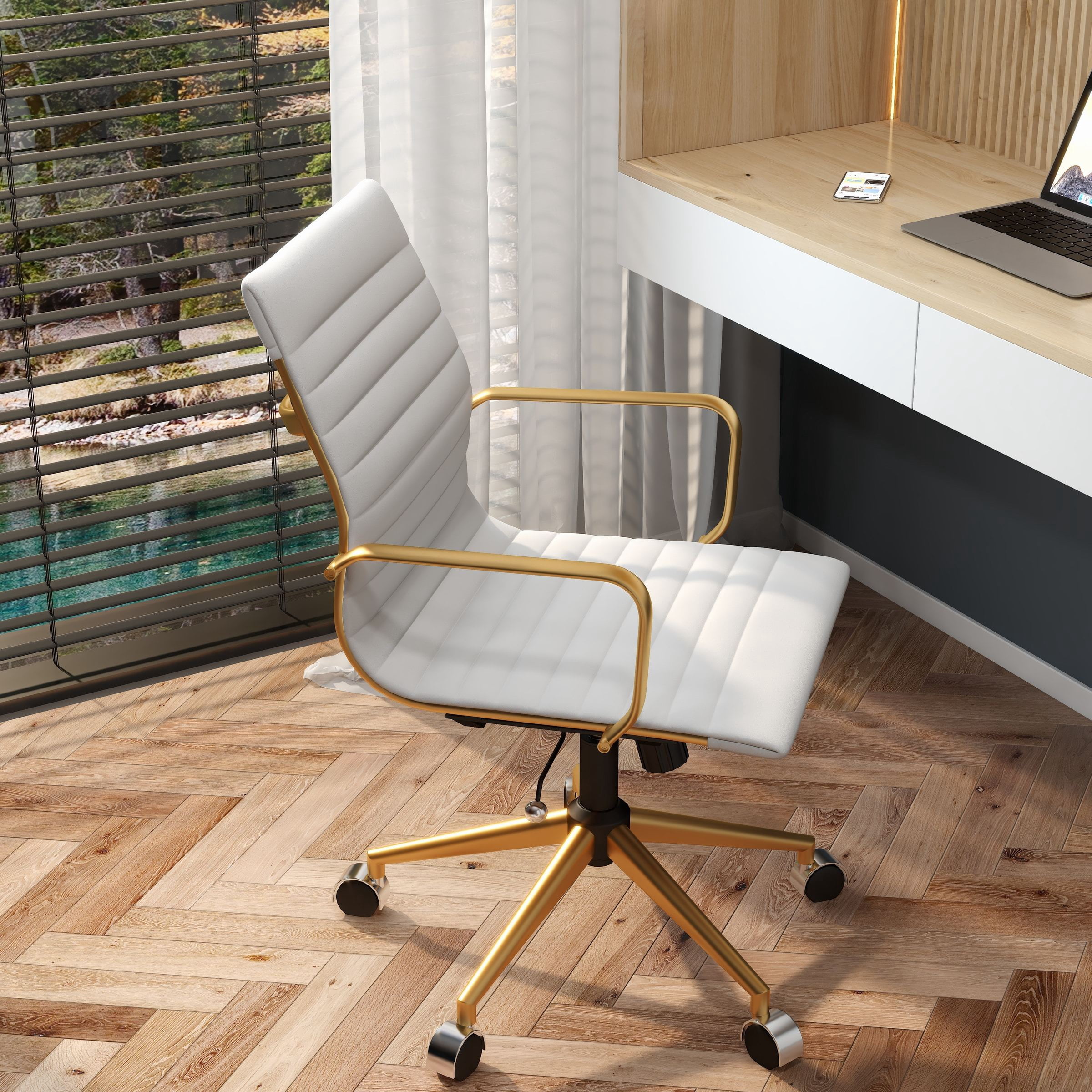 Luxmod Mid Back Gold Office Chair in White Leather, Adjustable Swivel Chair in Durable Vegan Leather, Ergonomic Desk Chair for Extra Back & Lumbar Support, Modern Executive Chair
